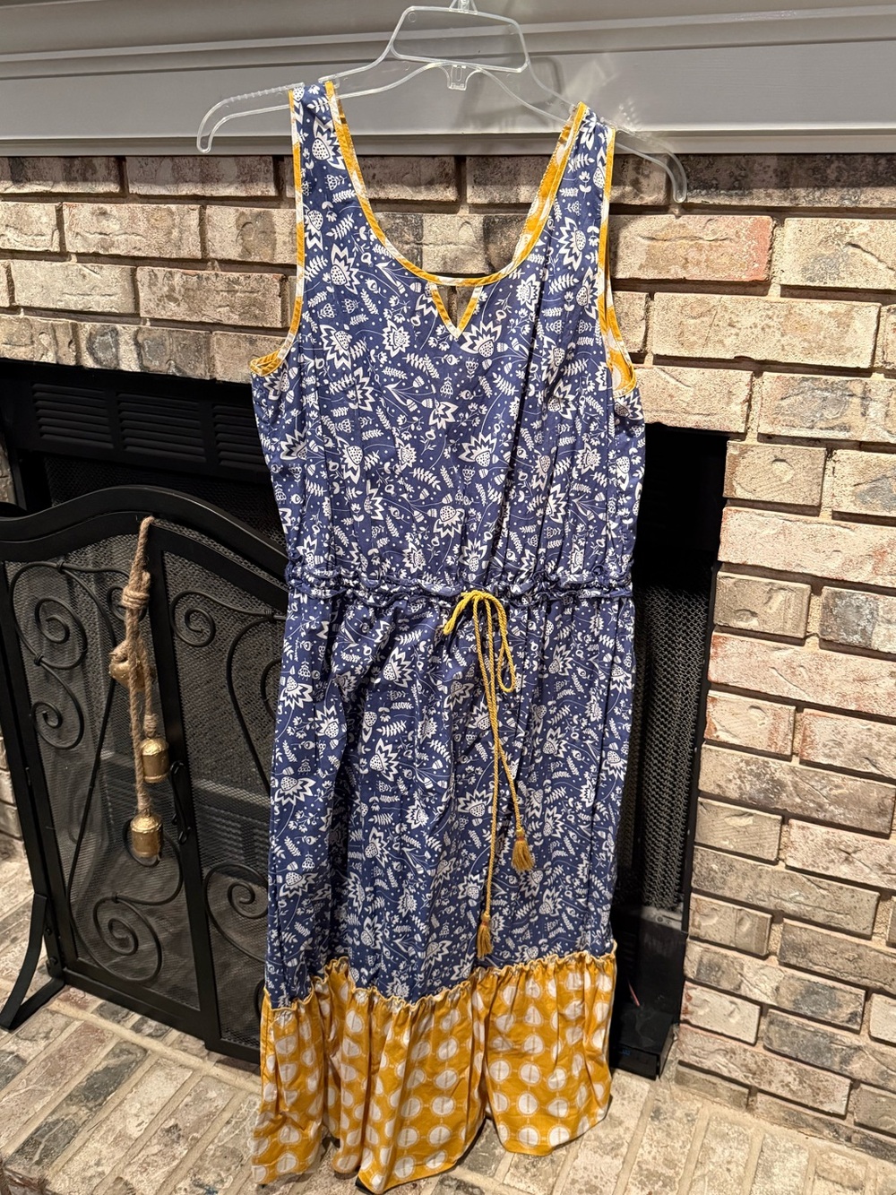 Matilda Jane mix print midi dress, blue/yellow, size Large, EUC